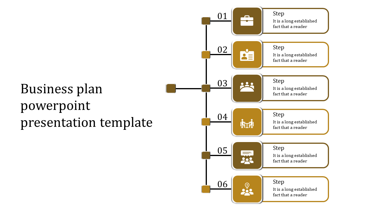 Chart for business planning, showing a structured sequence of six steps with icons and captions areas.
