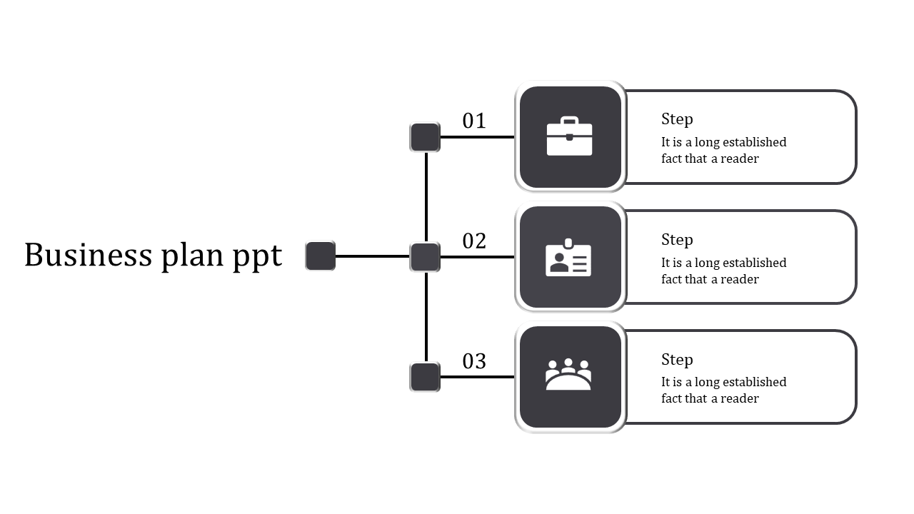 Business plan slide with three gray boxes containing icons, steps, and descriptions connected by a vertical line.