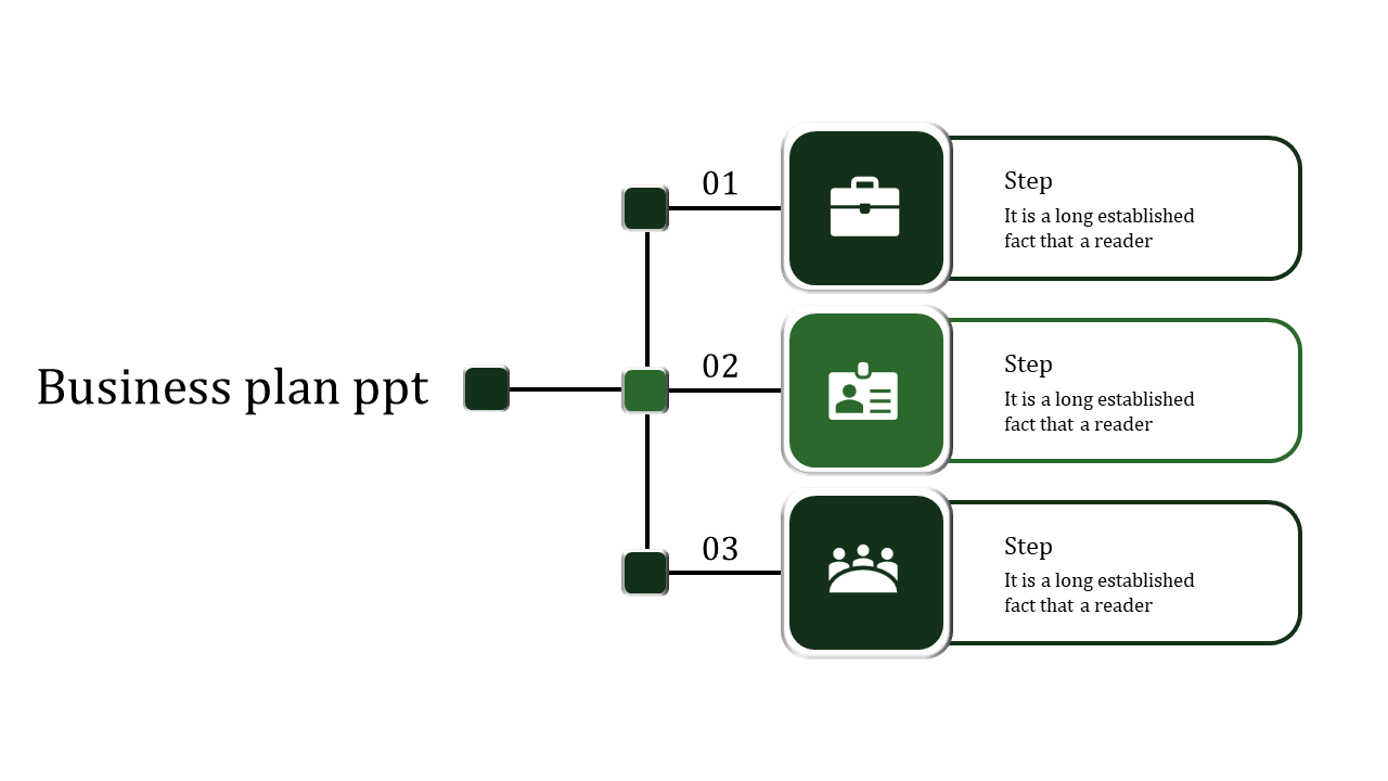 Green business plan PowerPoint slide showing three steps with icons representing a briefcase, ID, and people with text.