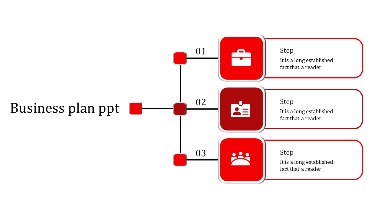 Red business plan PowerPoint slide showing three steps with icons representing a briefcase, ID, and people with text.