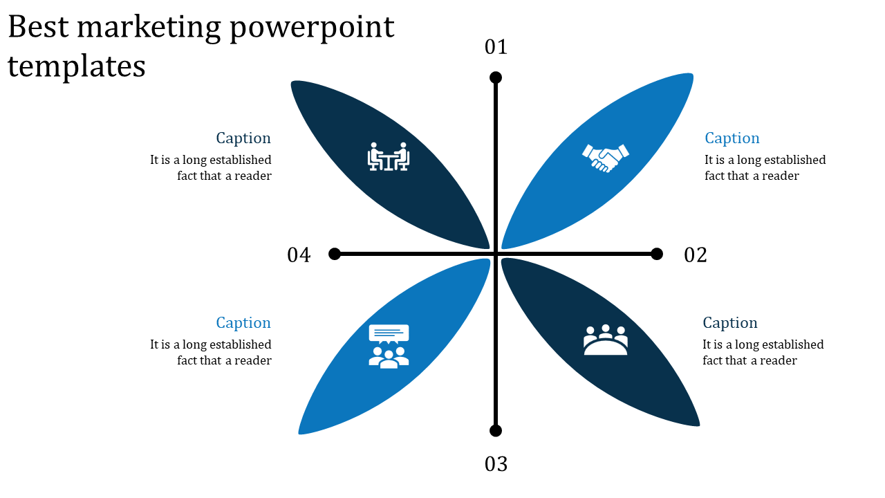 Best marketing PowerPoint slide featuring a blue flower like design with four segments and icons with captions.