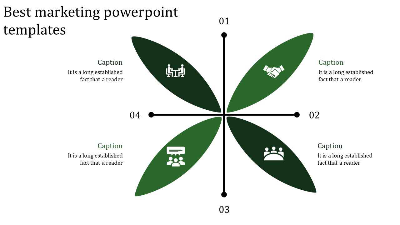 Green marketing strategy infographic featuring a cross-shaped structure with four curved sections, each containing an icon.