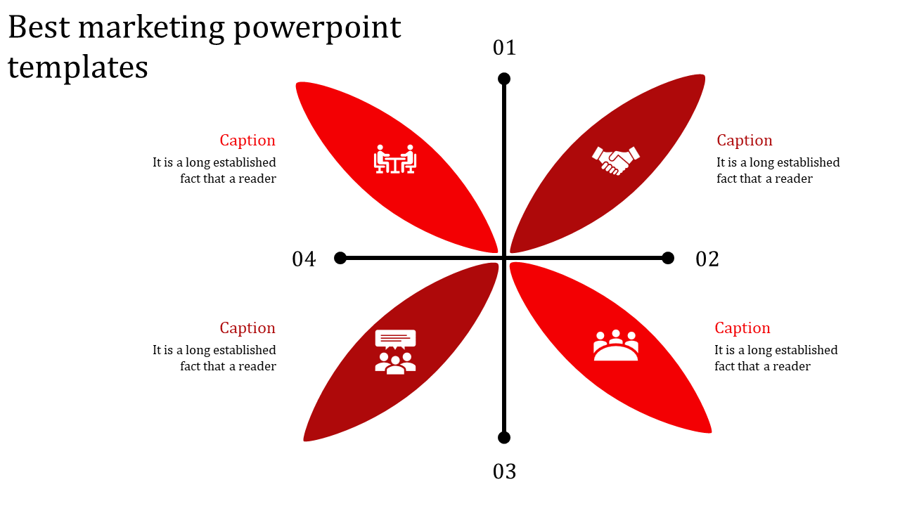 Marketing template with four red petal shapes, each featuring icons and captions, arranged around a cross axis.
