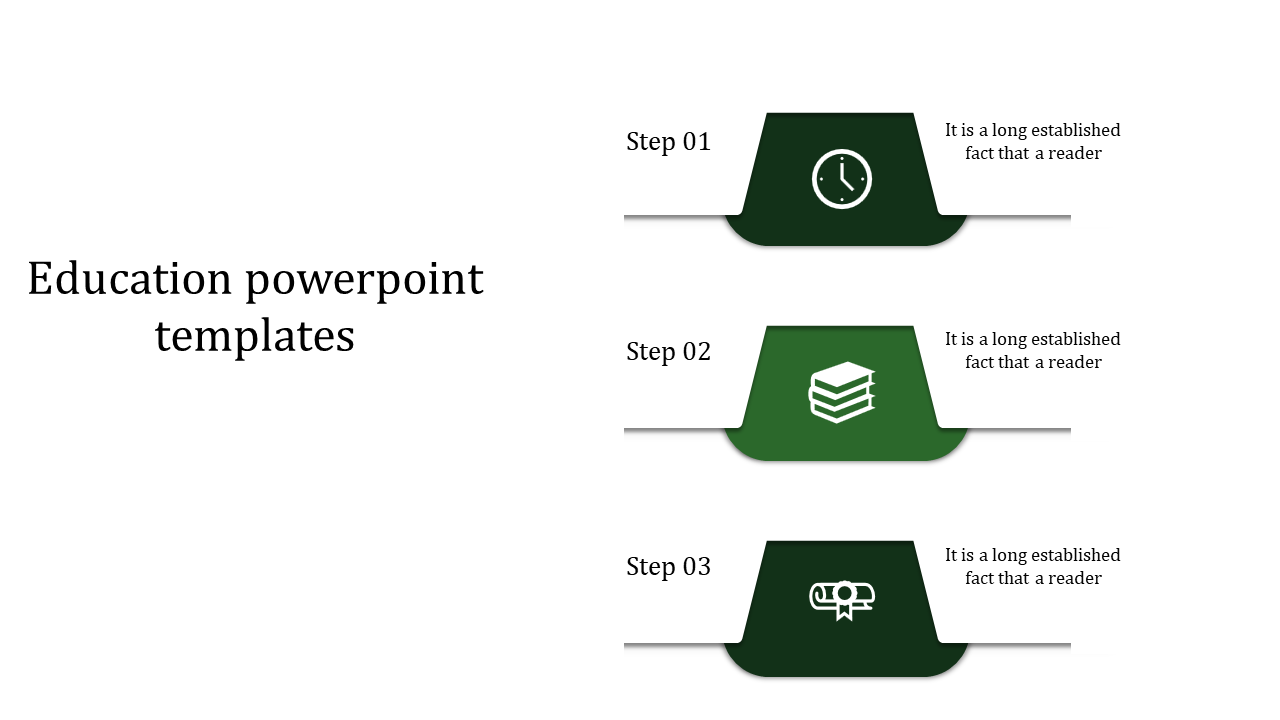 PowerPoint template for education, showing a step by step design with icons for a clock, books, and a graduation certificate.