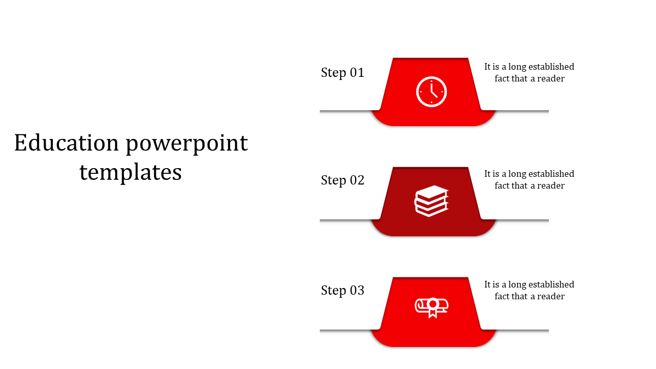 Education slide with four editable blocks, each with a placeholder text areas and icons such as a clock and books.