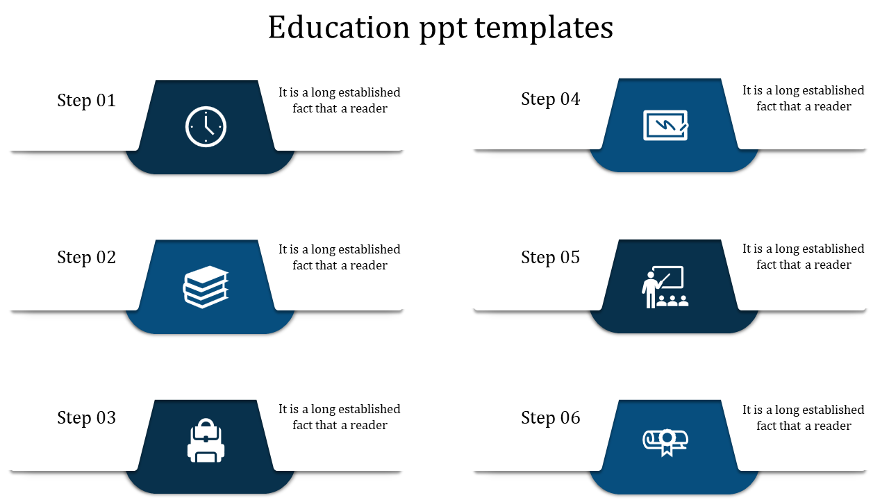 Six-part education concept diagram with blue icons and step labels illustrating different phases of academic progression.