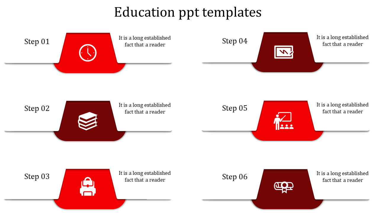 Colorful education slide with six steps and icons for time management to graduation with placeholder text.