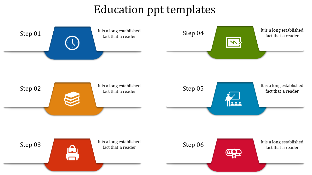 Education PowerPoint template with six colored steps, including icons with placeholder text.