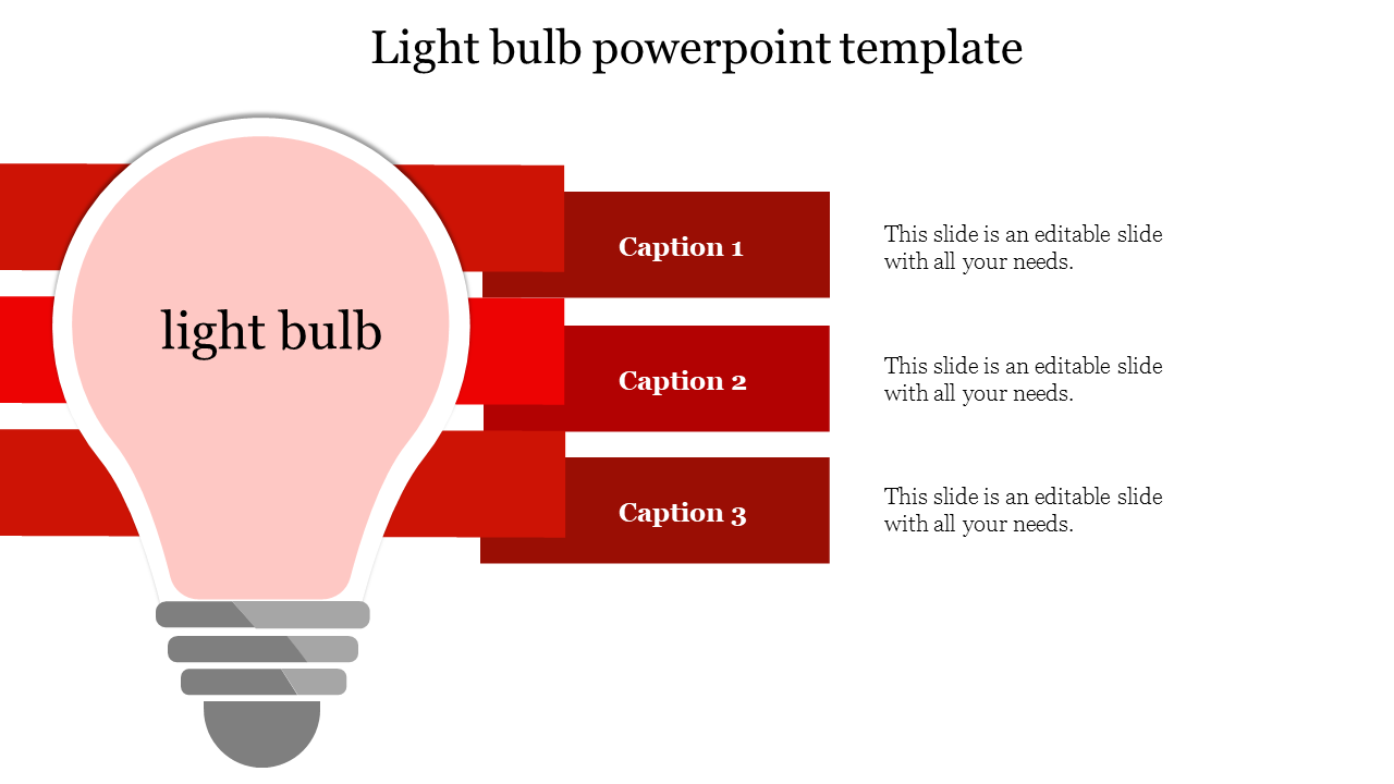 Light bulb PowerPoint template featuring a pink light bulb in the center and three red sections with captions.