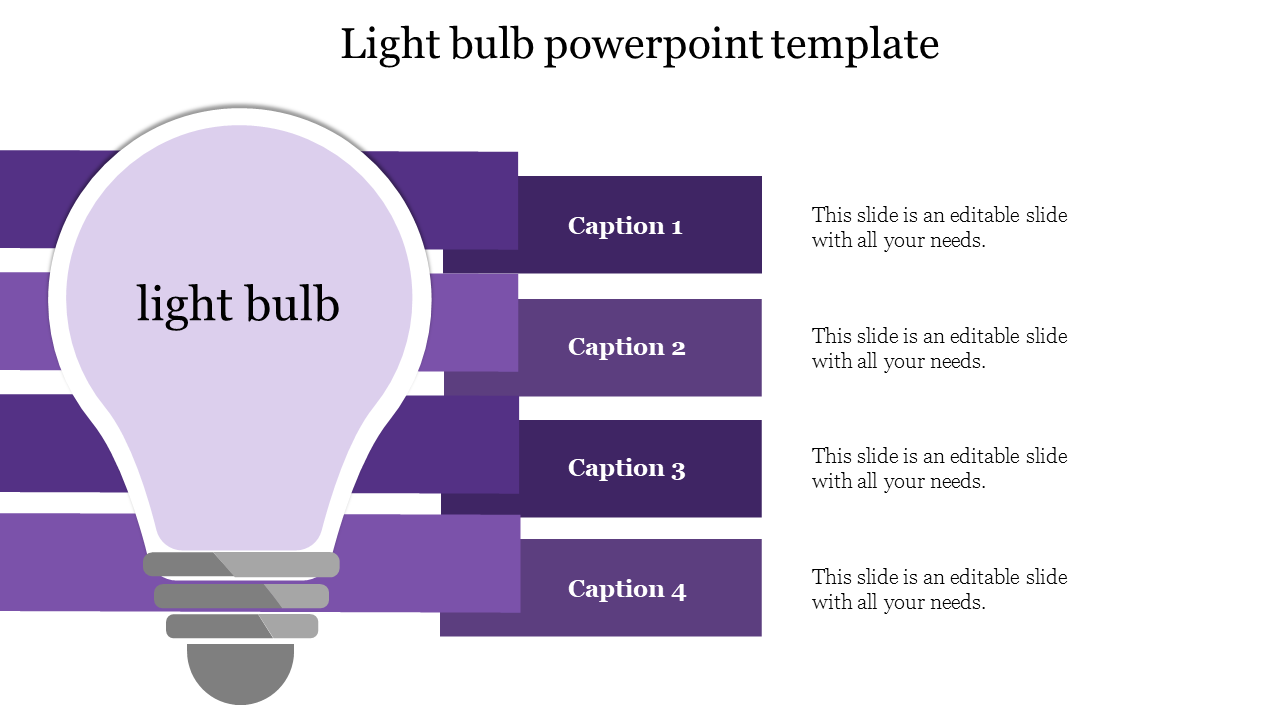Slide design with a purple light bulb graphic and four horizontal caption bars extending to the right on a white background.