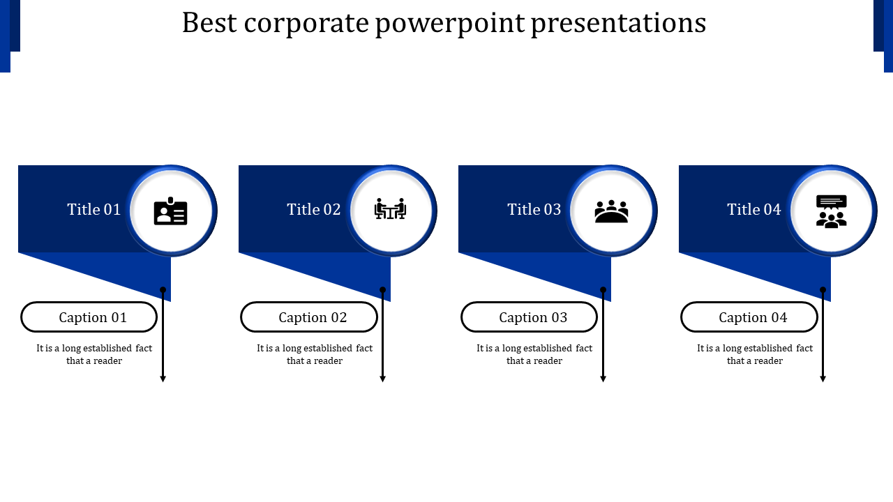 Corporate PowerPoint slide featuring blue accents, business, meeting, team, and communication icons with titles and captions.