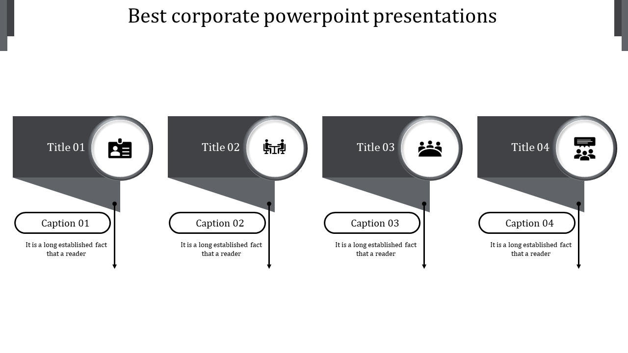 Corporate slide with four gray arrow shaped sections, each featuring a circular icon, title, and caption below.