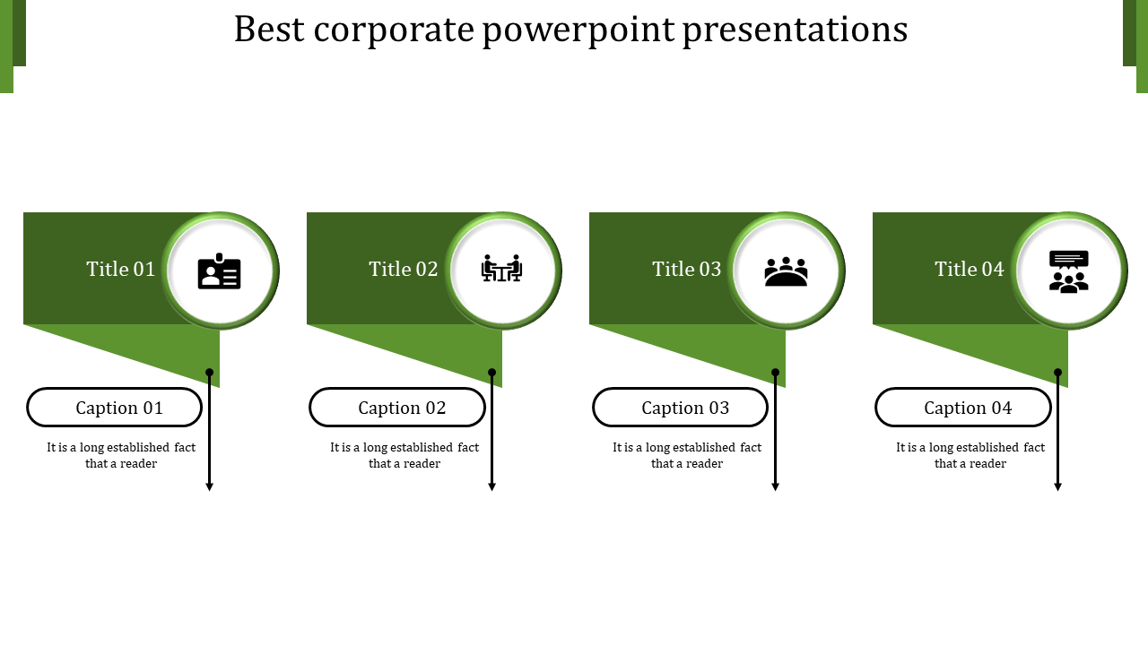 Modern corporate slide displaying four angled banners with icons, caption areas, and a green color scheme.