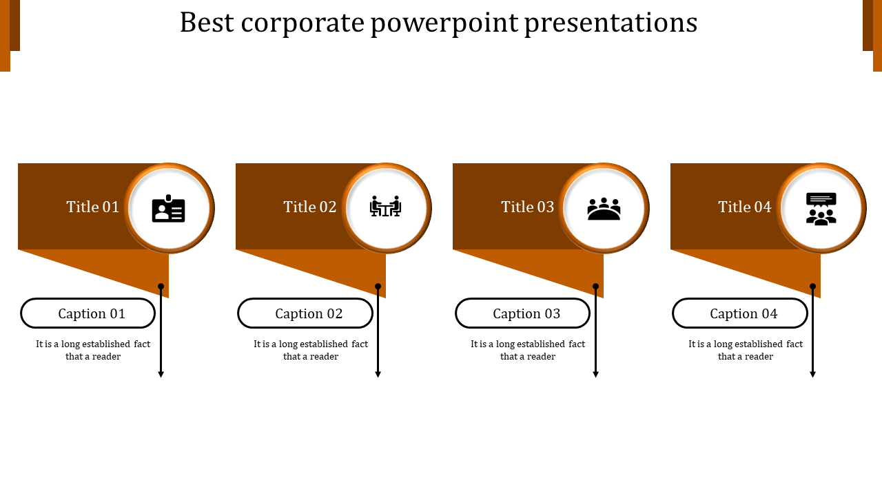 Corporate PPT presentation slide with orange accents, featuring icons for business roles, meetings, teams, and communication.