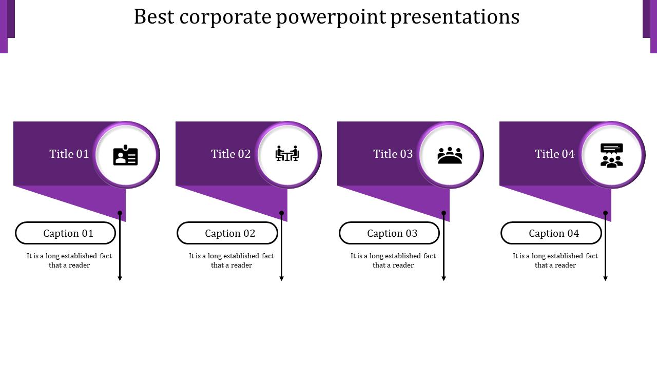 Purple themed layout with four segments showcasing icons, titles, and captions in a professional design.