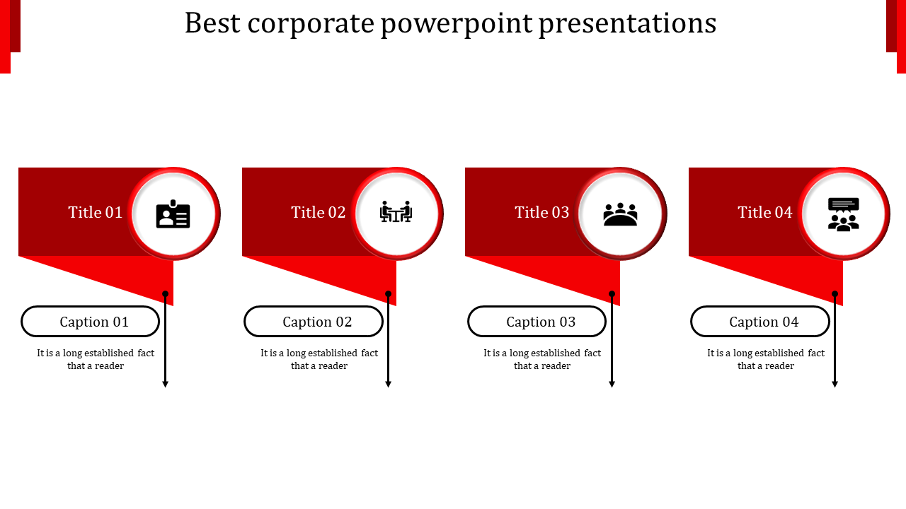 Corporate themed infographic with four red banners, each containing a business related icon and caption area.