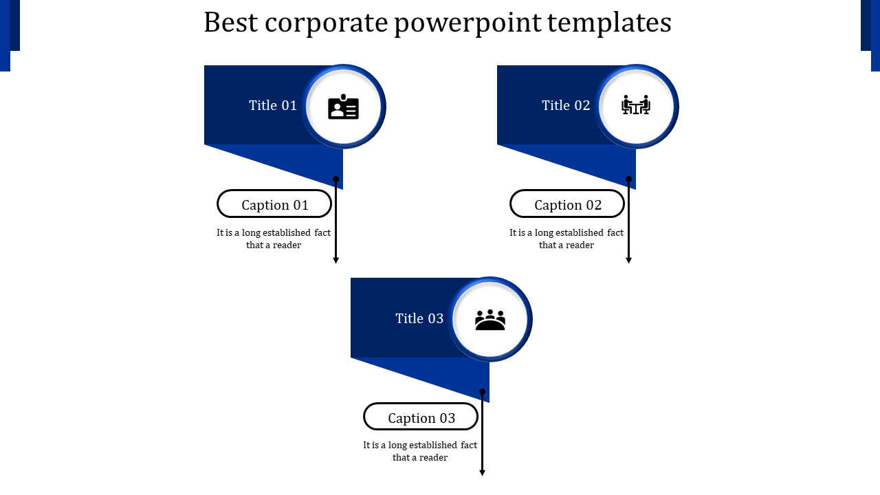 Business process diagram featuring three blue flag shaped banners with business-related icons and linked captions.