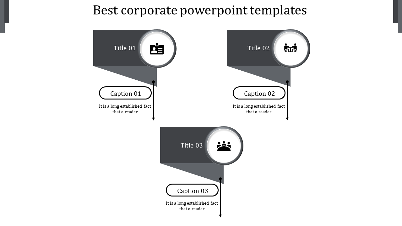 Corporate PPT slide in grayscale, featuring titles and captions with icons for business professionals, meetings, and teams.