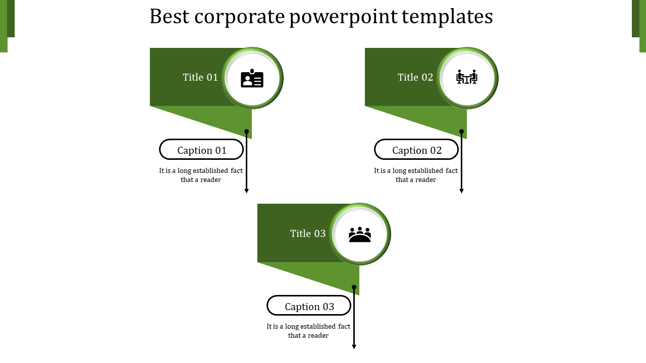 Corporate slide with three green banners, featuring circular icons and captions connected by downward arrows.