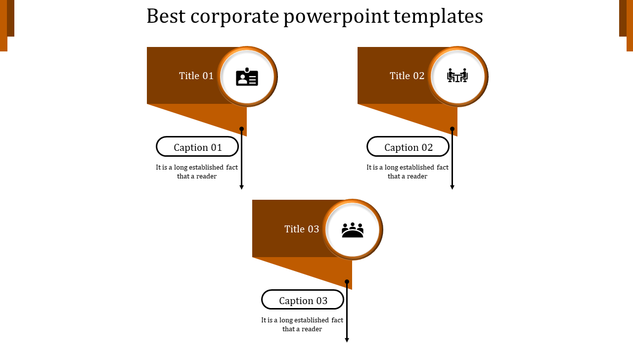 Corporate themed slide with three brown banners, each containing an icon, title, and caption areas.