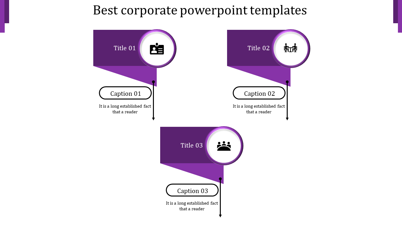 Purple themed corporate PowerPoint slide with titles and captions for three business related topics.