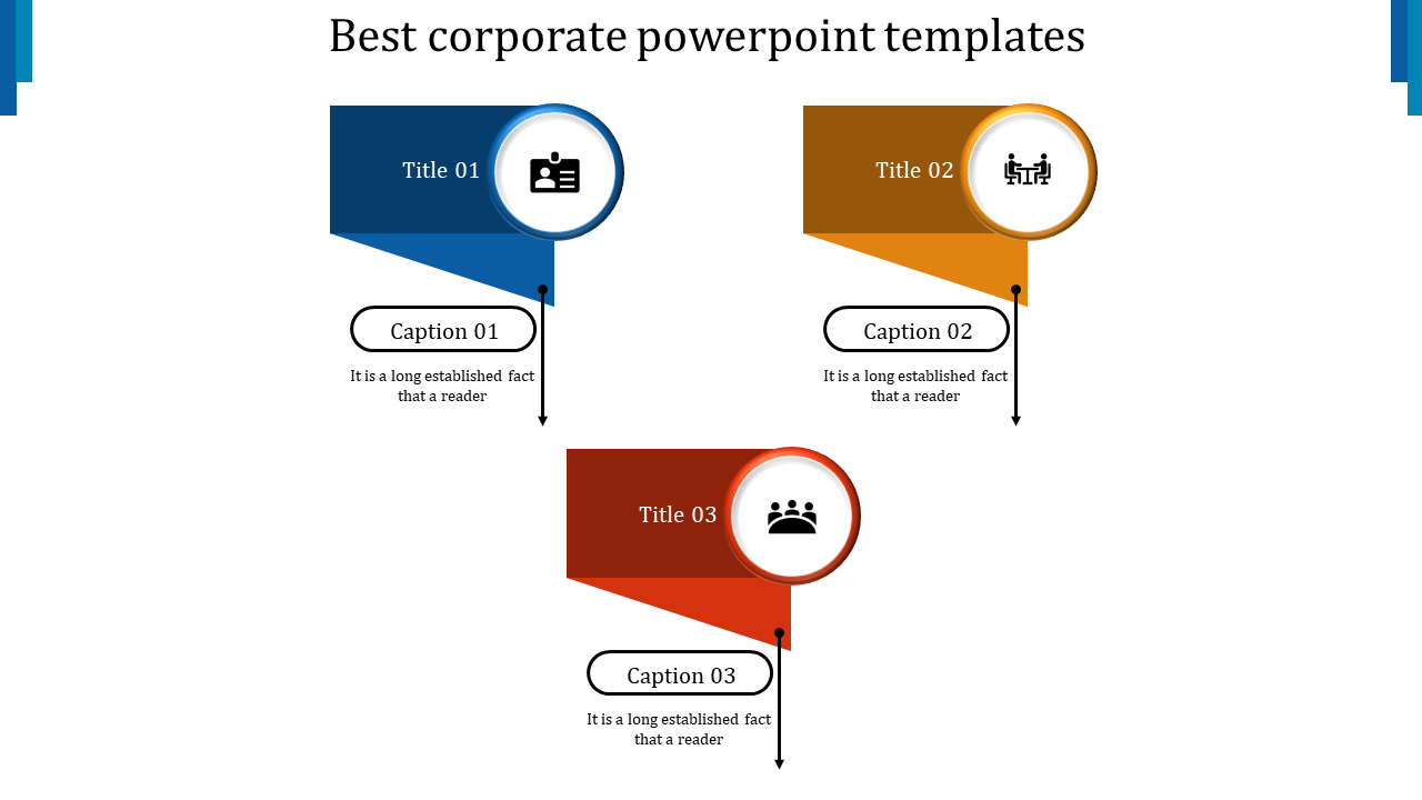 Corporate slide with three colored banners in blue, orange, and red featuring icons and captions on a white background.