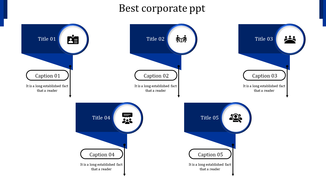 Professional slide design showing five blue pointers with circular icons and text boxes linked by arrows.