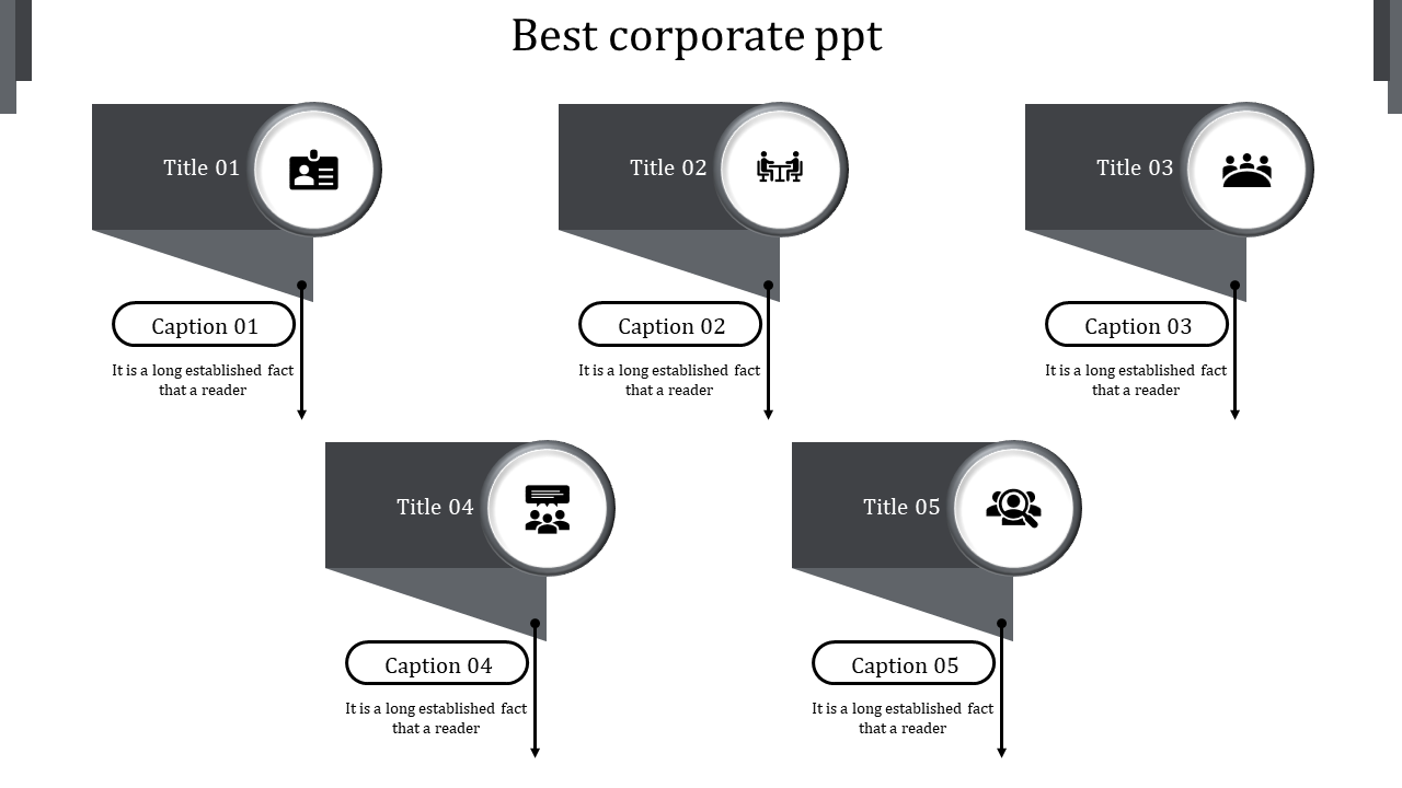 Corporate PPT slide featuring five titles and captions, with icons such as a business card, group discussions, and meetings.
