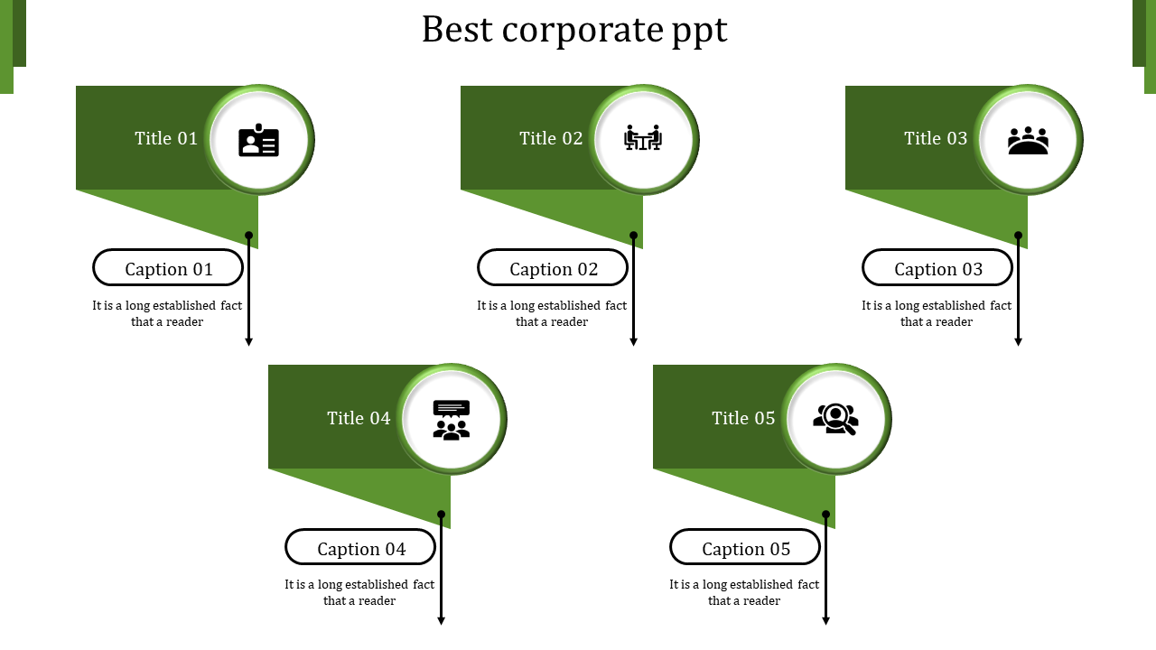 Green themed corporate layout with five sections, each with icons, titles, and captions on a white background.