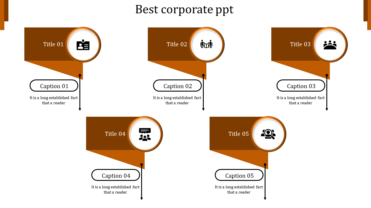 Corporate PowerPoint template with five titles and captions, including icons for business profiles, teamwork, and meetings.