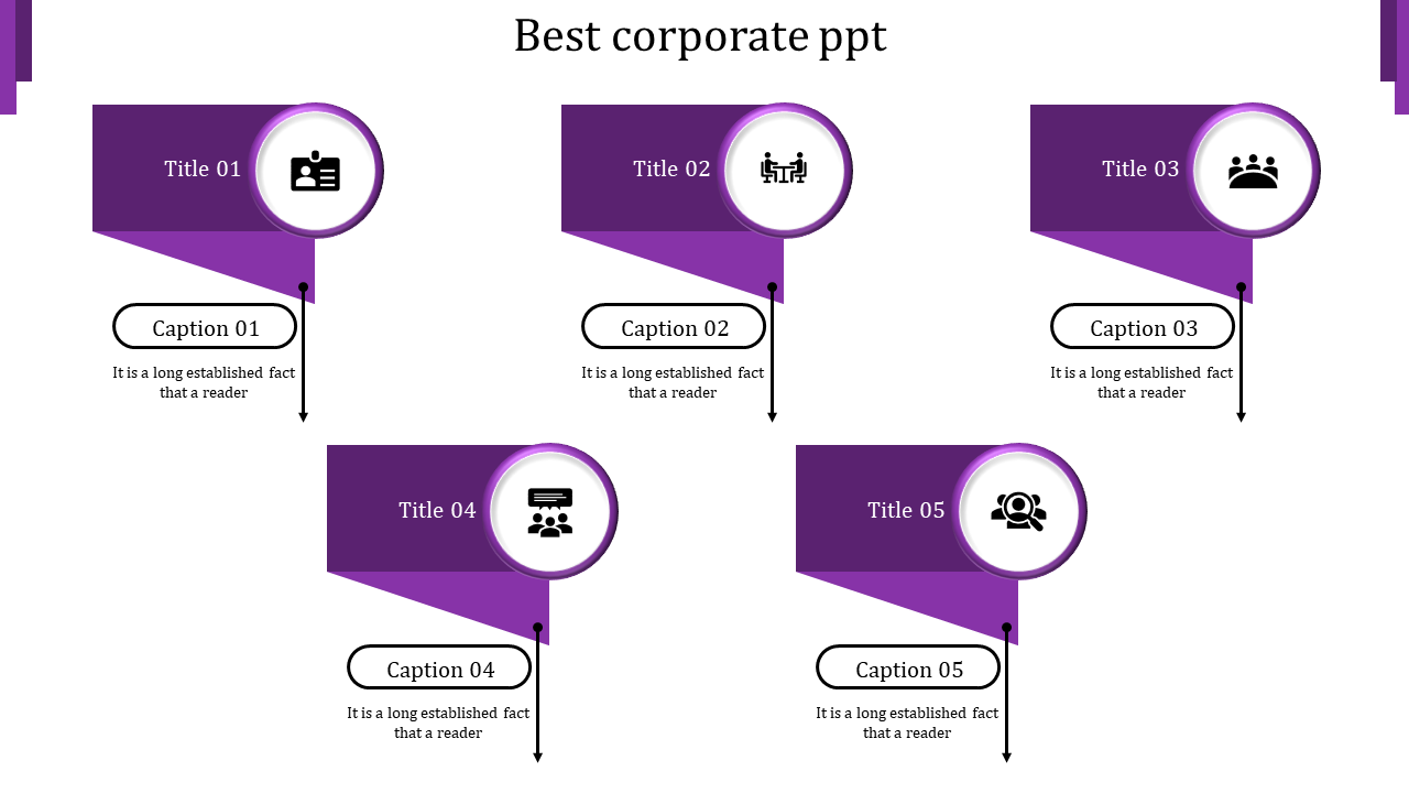 Slide featuring five purple banners with circular icons and descriptions connected by thin black arrows.