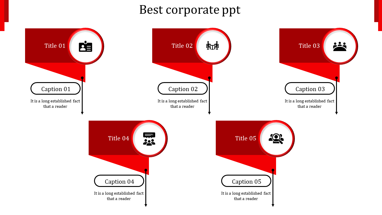 Corporate infographic with five red banners, each featuring a title, circular icon, and connected captions below.