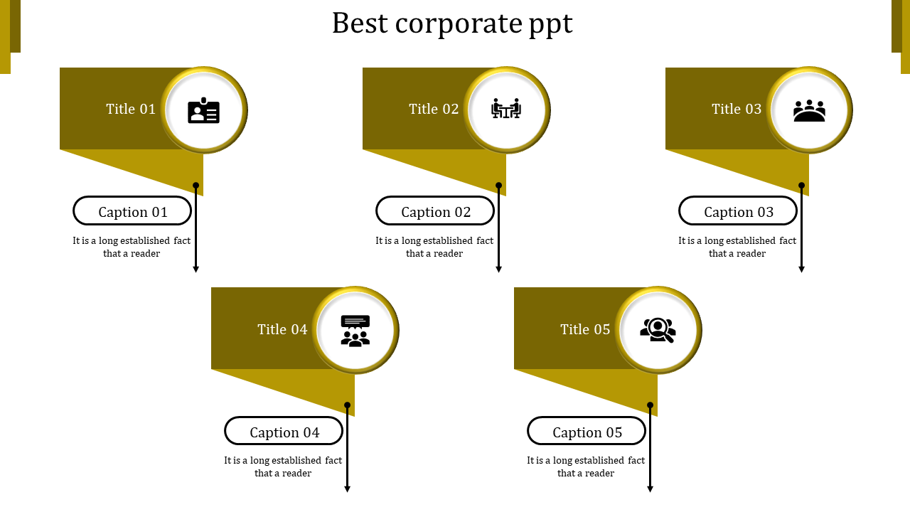 Corporate slide with five yellow banners featuring circular icons and captions arranged in a grid layout on white background.