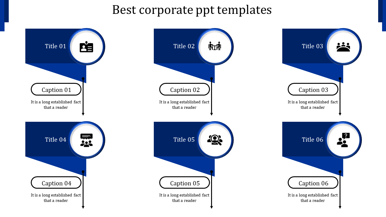 Blue themed corporate infographic with six sections, each containing titles, icons, and captions connected by arrows.