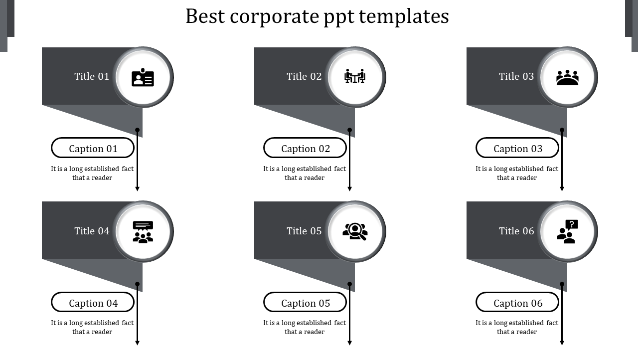 Corporate infographic gray with seven sequential steps, featuring circular icons, title banners, and captions below.