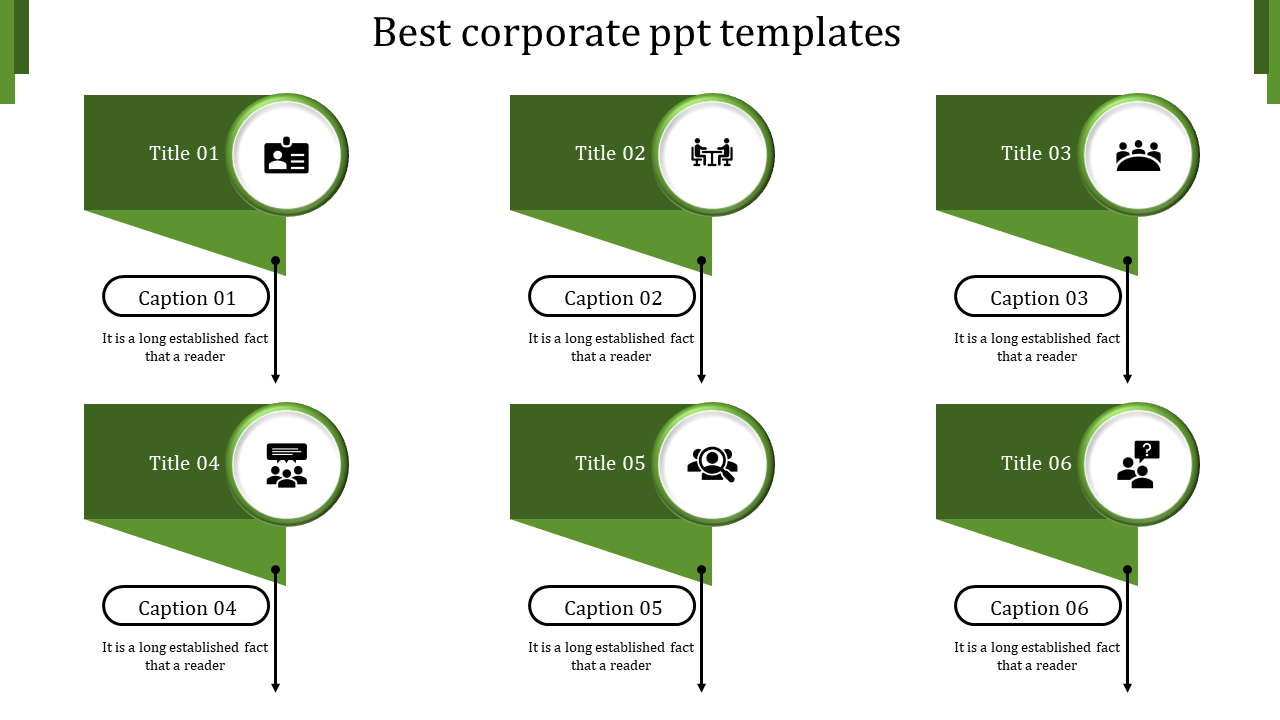 Best corporate PowerPoint template with six green titles and circular icons, including captions with placeholder text.