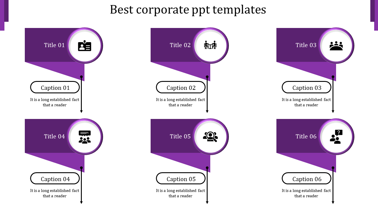 Six step corporate infographic with purple banners, circular icons, and captions below, arranged in two columns.