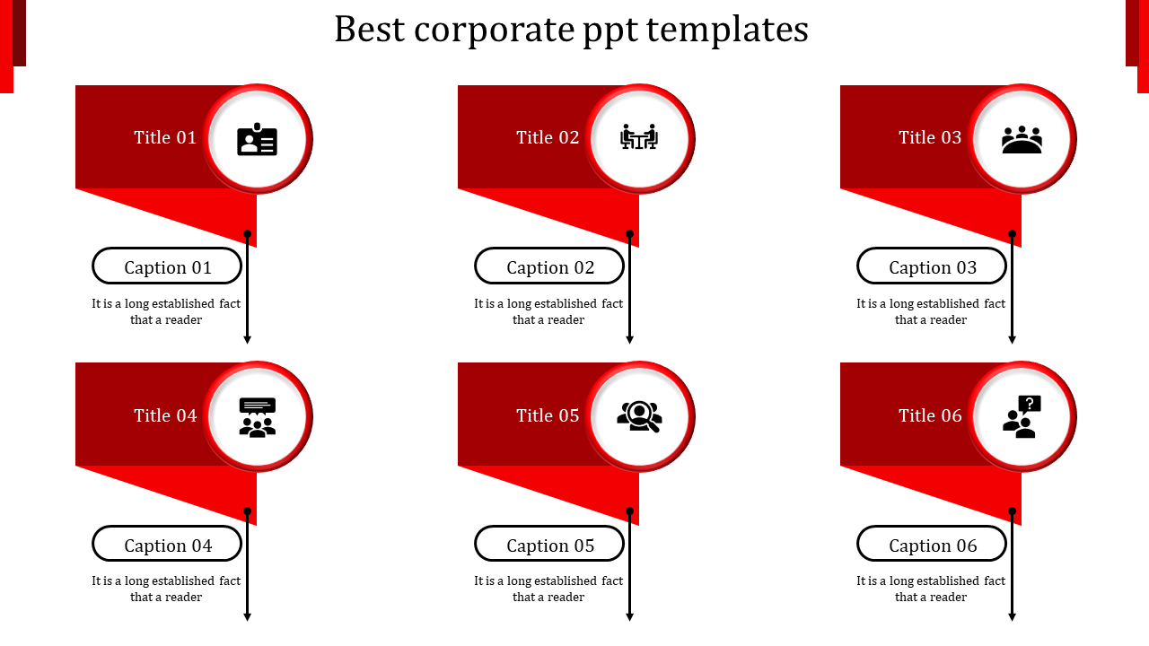 Best corporate PowerPoint template with six red titles and circular icons, including captions with placeholder text.