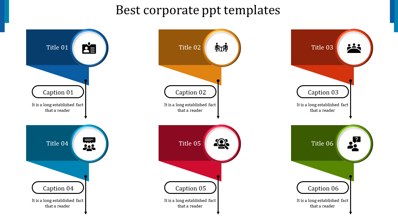 Best corporate PowerPoint template featuring six colorful title sections with arrows and corresponding captions with icons.