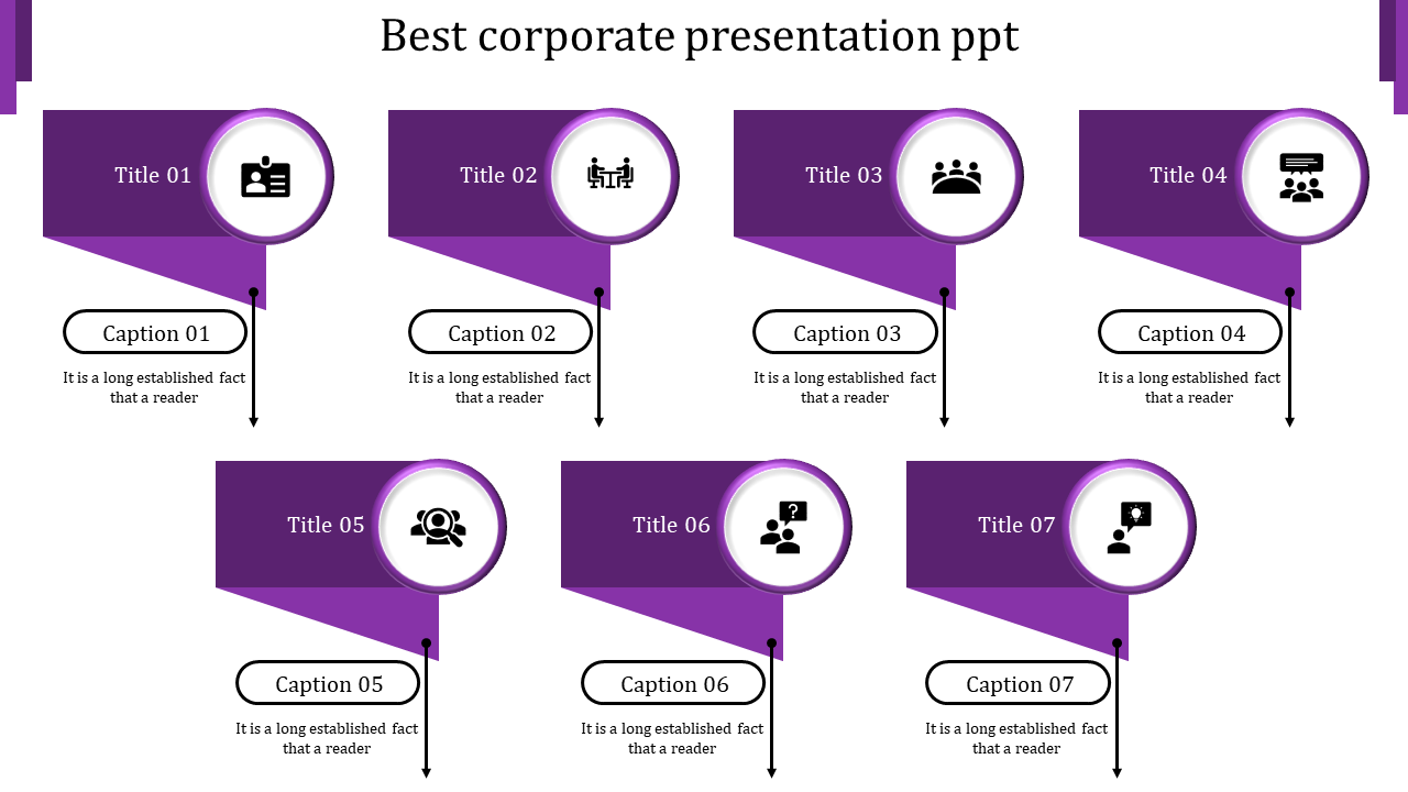 Eight step corporate infographic with purple banners, circular icons, and captions below, representing business concepts.
