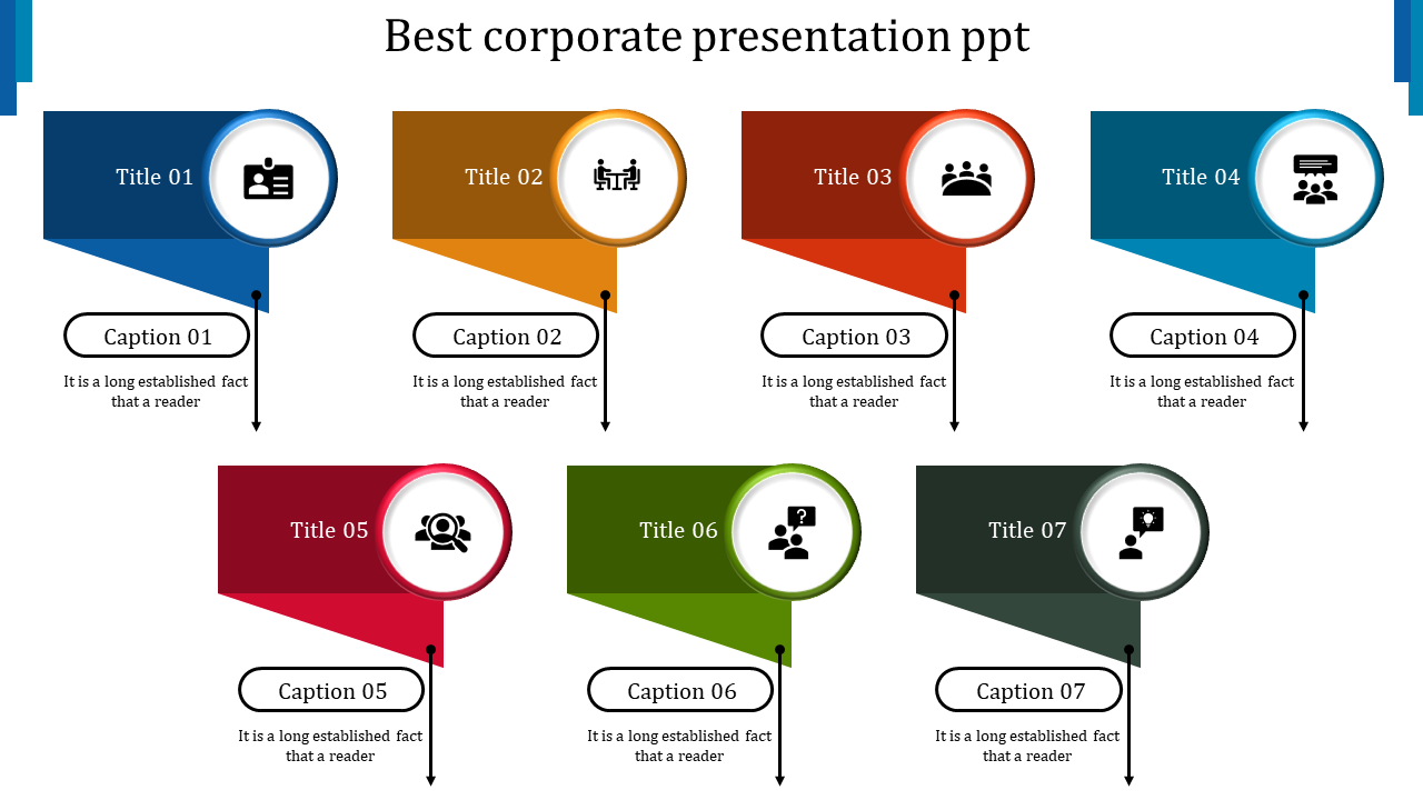 Colorful corporate PowerPoint presentation template featuring seven titles and captions with icons.