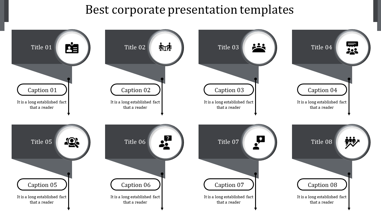 Corporate slide design showcasing eight gray banners with icons and descriptive captions on a clean white background.
