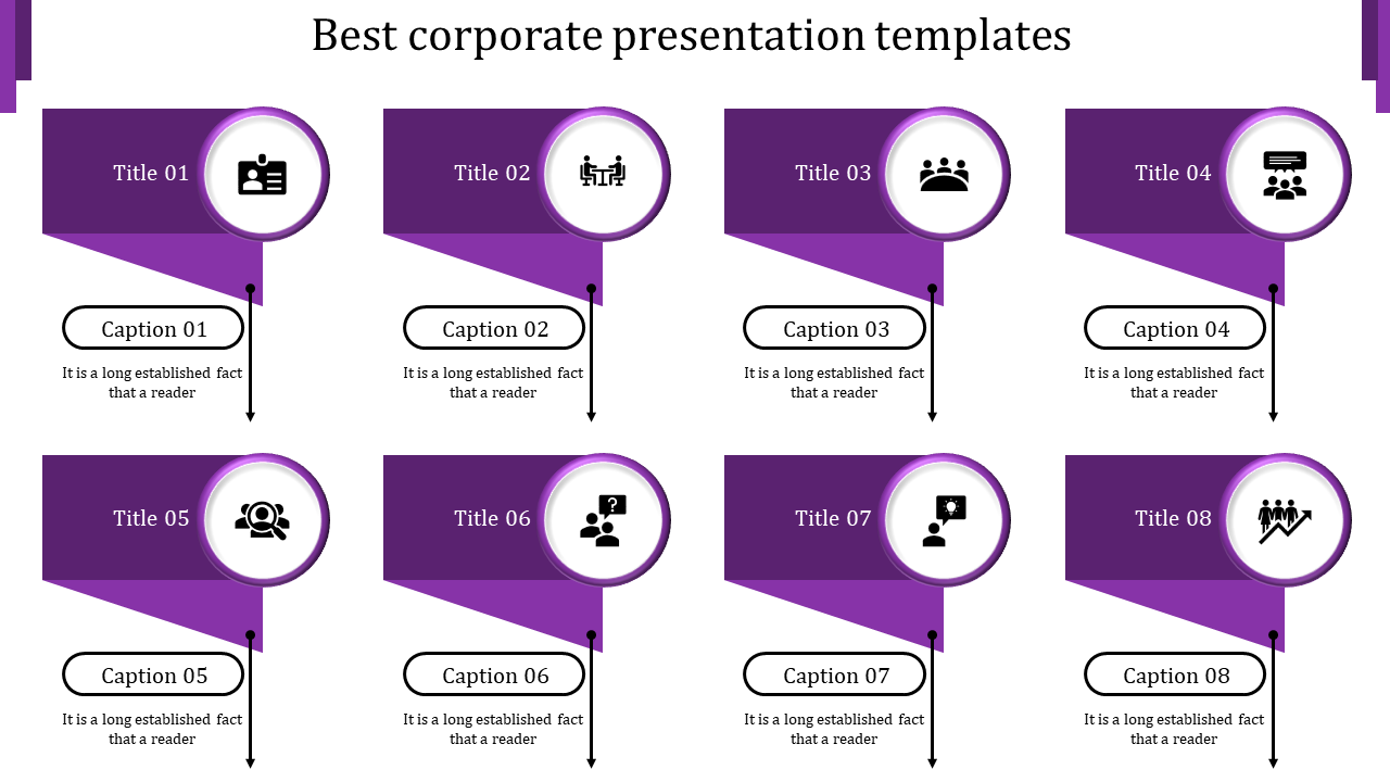 Infographic with eight purple banners and circular icons connected to corresponding captions through downward arrows.