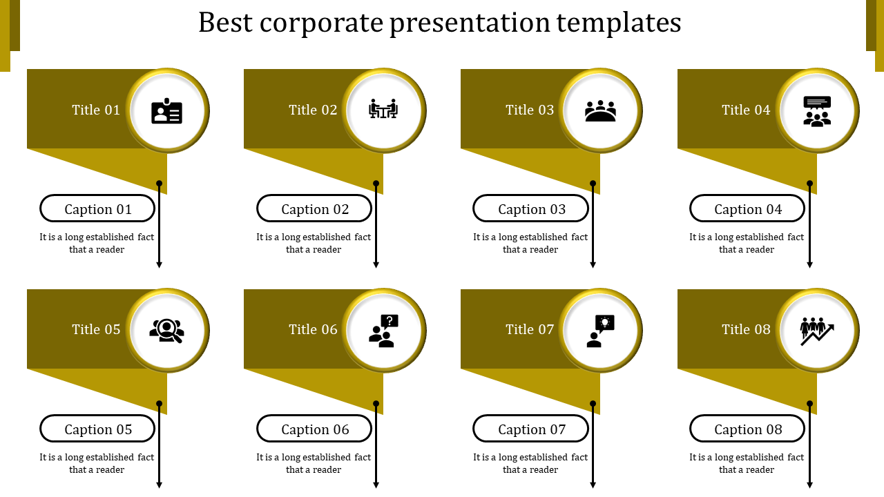 Corporate PPT presentation template featuring eight yellow titles with corresponding captions and icons.