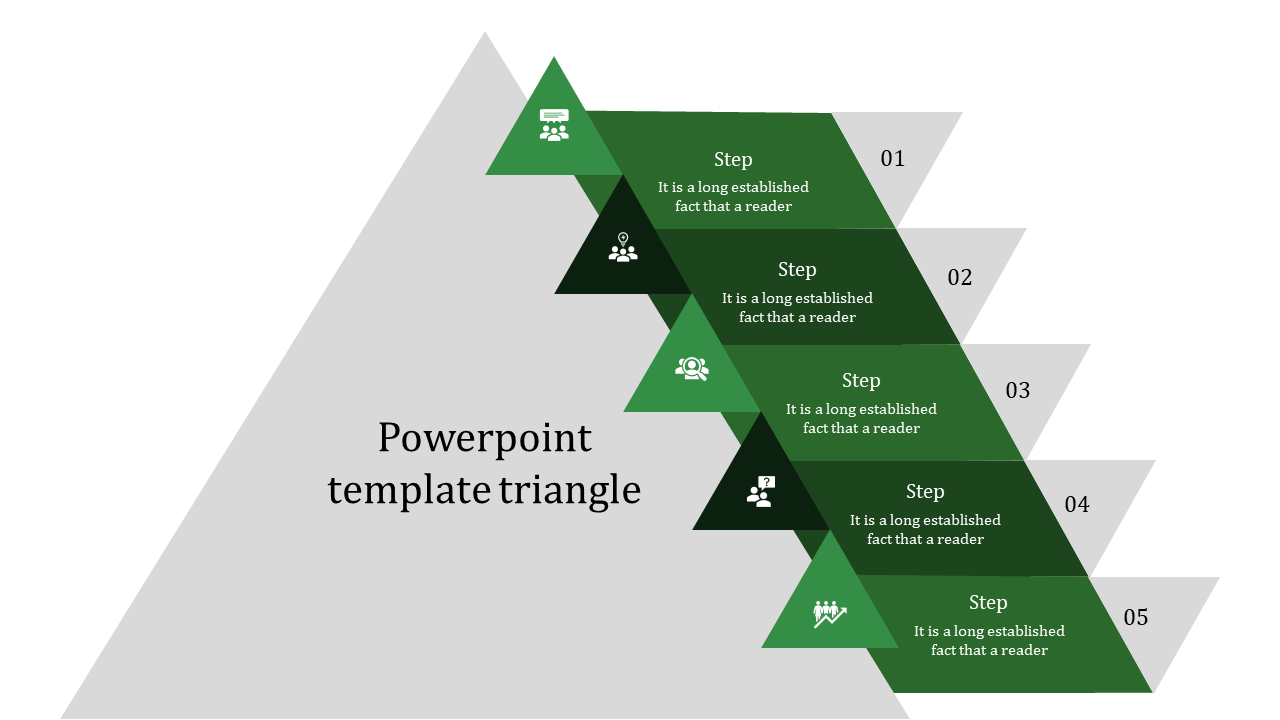 PowerPoint template featuring a green triangular layout with five steps, each containing an icon and placeholder text.