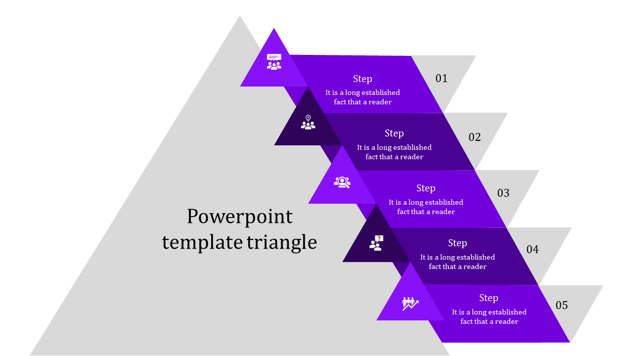 Slide using a gray triangle as a base with stacked five purple triangular layers indicating steps and icons.