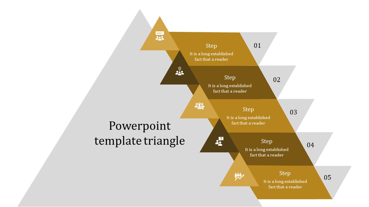PowerPoint template featuring a yellow triangular layout with five steps, each containing an icon and placeholder text.