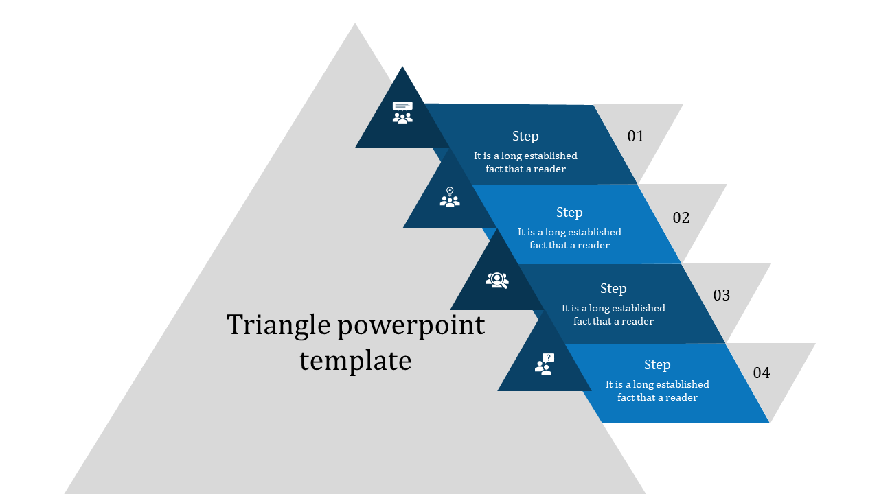 Triangle based layout featuring blue layers for steps 01 to 04, each with icons and text descriptions.