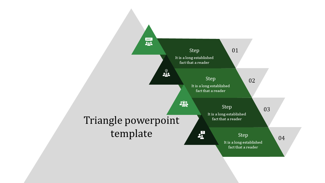 Triangular step diagram with four stacked green sections, each featuring an icon and a number on the right.