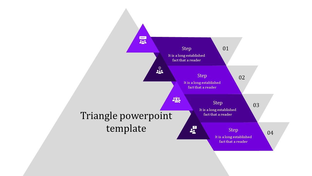 Triangle diagram PowerPoint slide with four sections, each representing a step with purple icons and placeholder text.